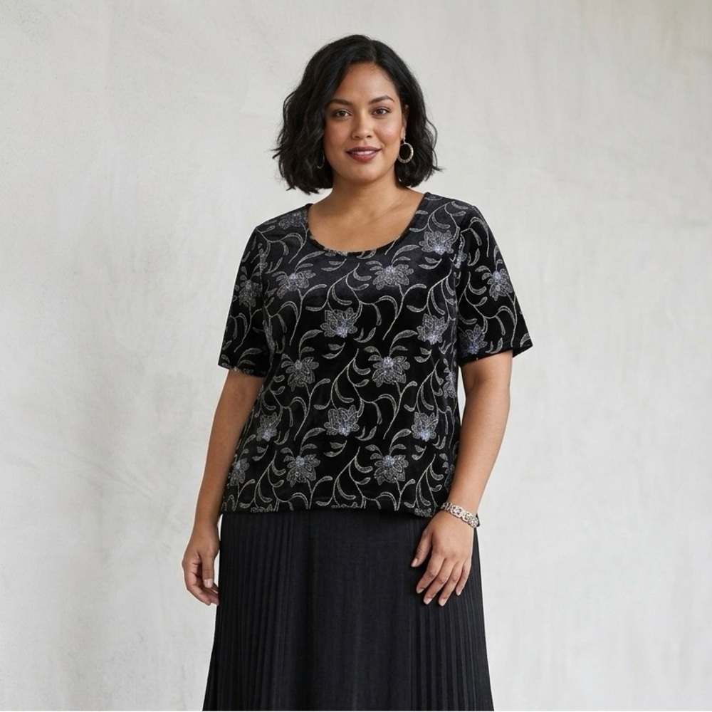 Teddi Dresses 18W Black Floral Overlay Layered Midi Dress Short Sleeve